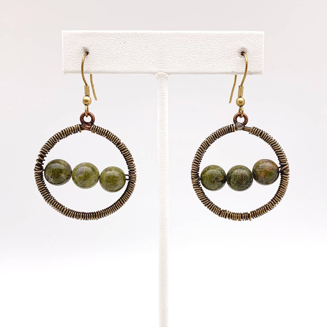 Wire-Wrapped Stone Earrings - Antique Brass, Unakite