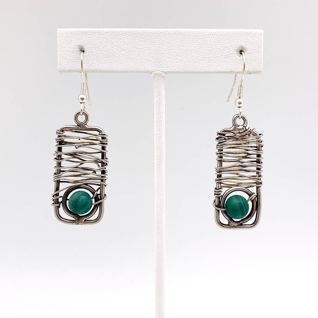 Wire-Wrapped Stone Earrings - Antique Silver, Malachite