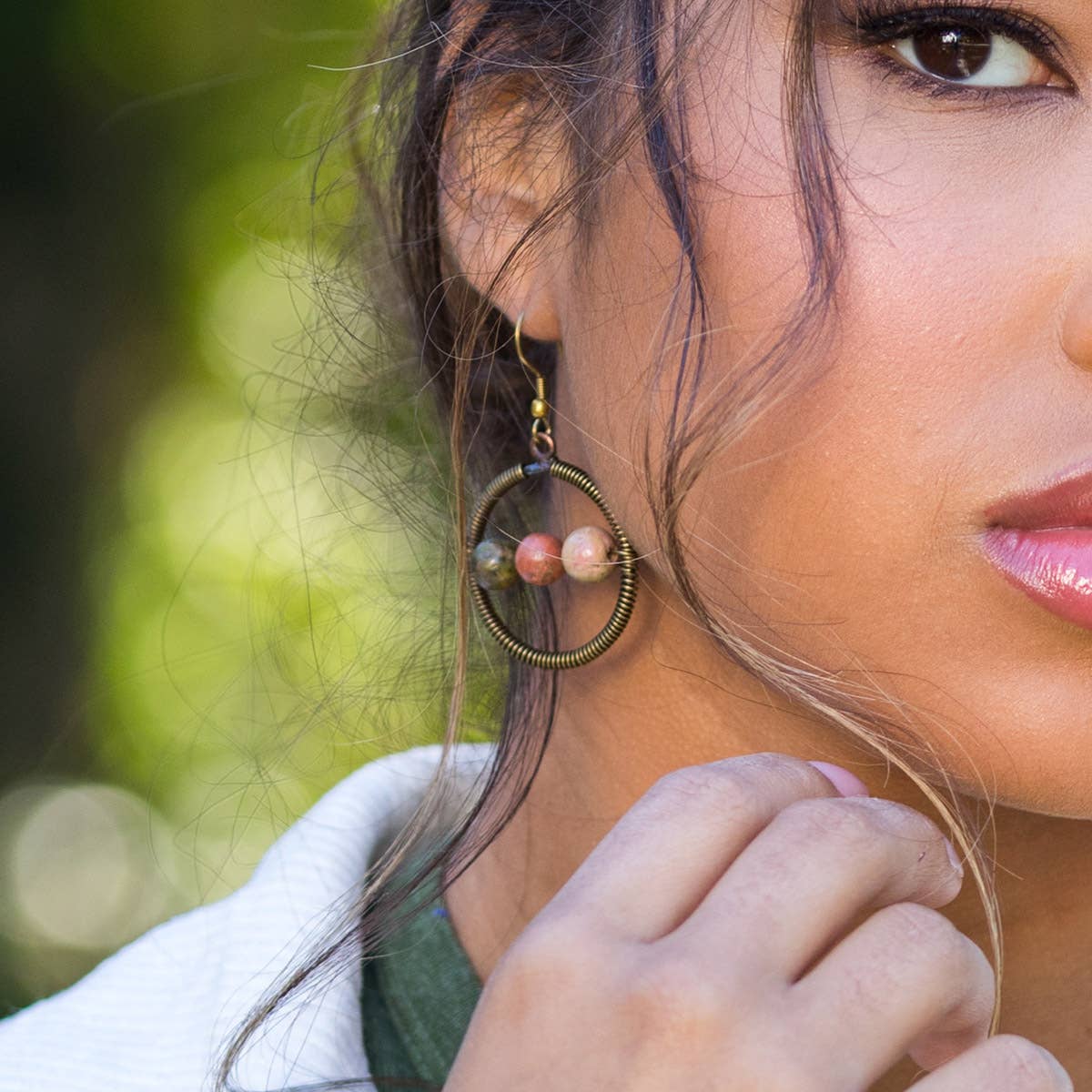 Wire-Wrapped Stone Earrings - Antique Brass, Unakite