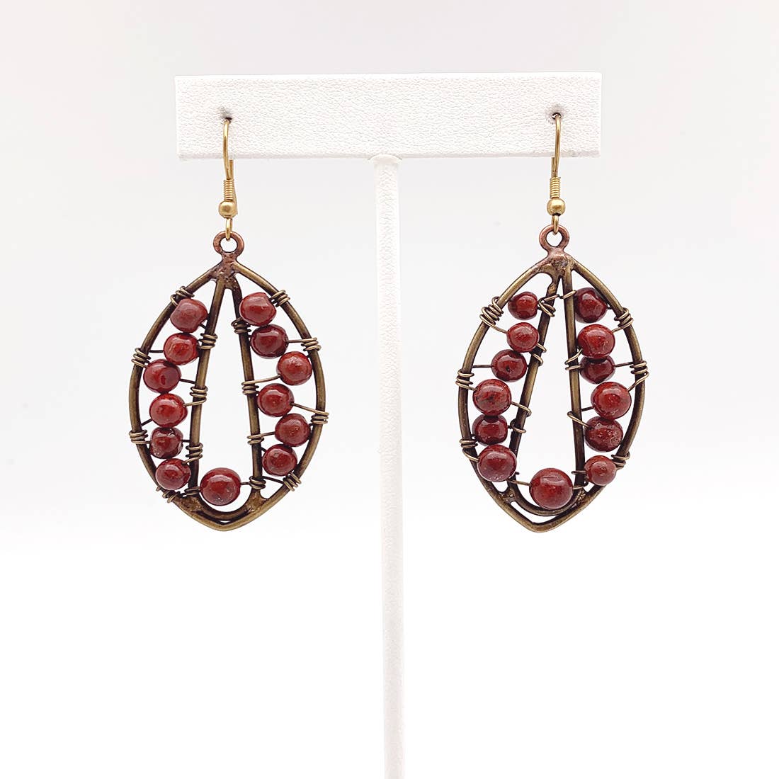 Wire-Wrapped Stone Earrings - Antique Brass, Red Jasper