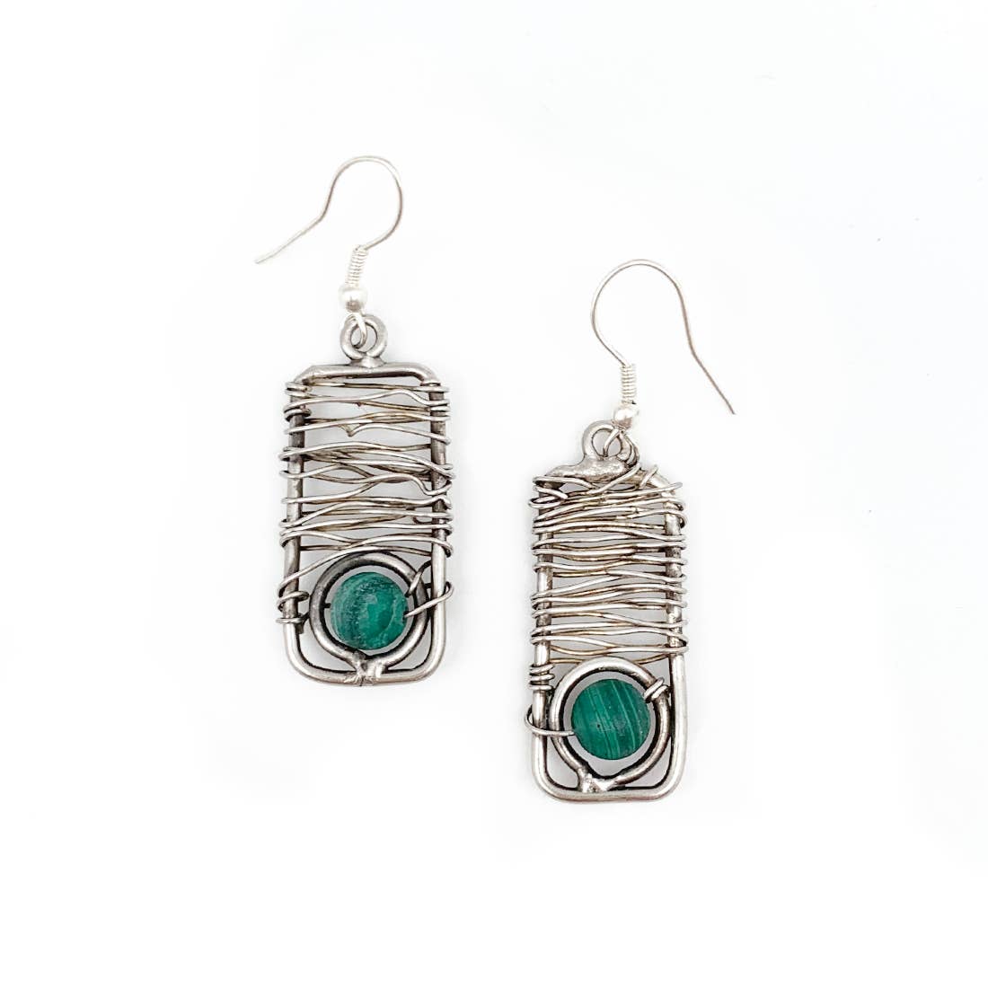 Wire-Wrapped Stone Earrings - Antique Silver, Malachite