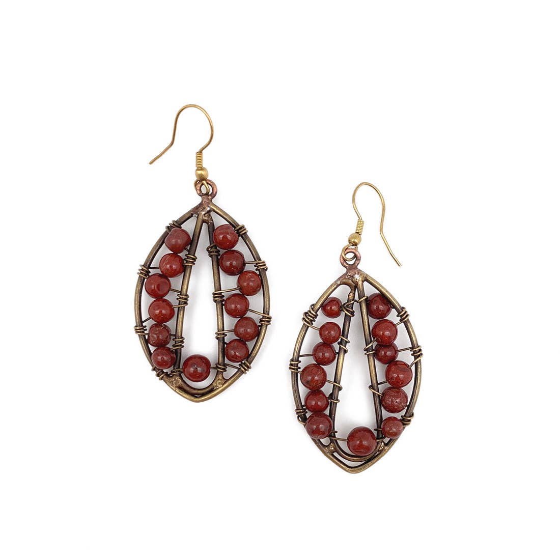 Wire-Wrapped Stone Earrings - Antique Brass, Red Jasper