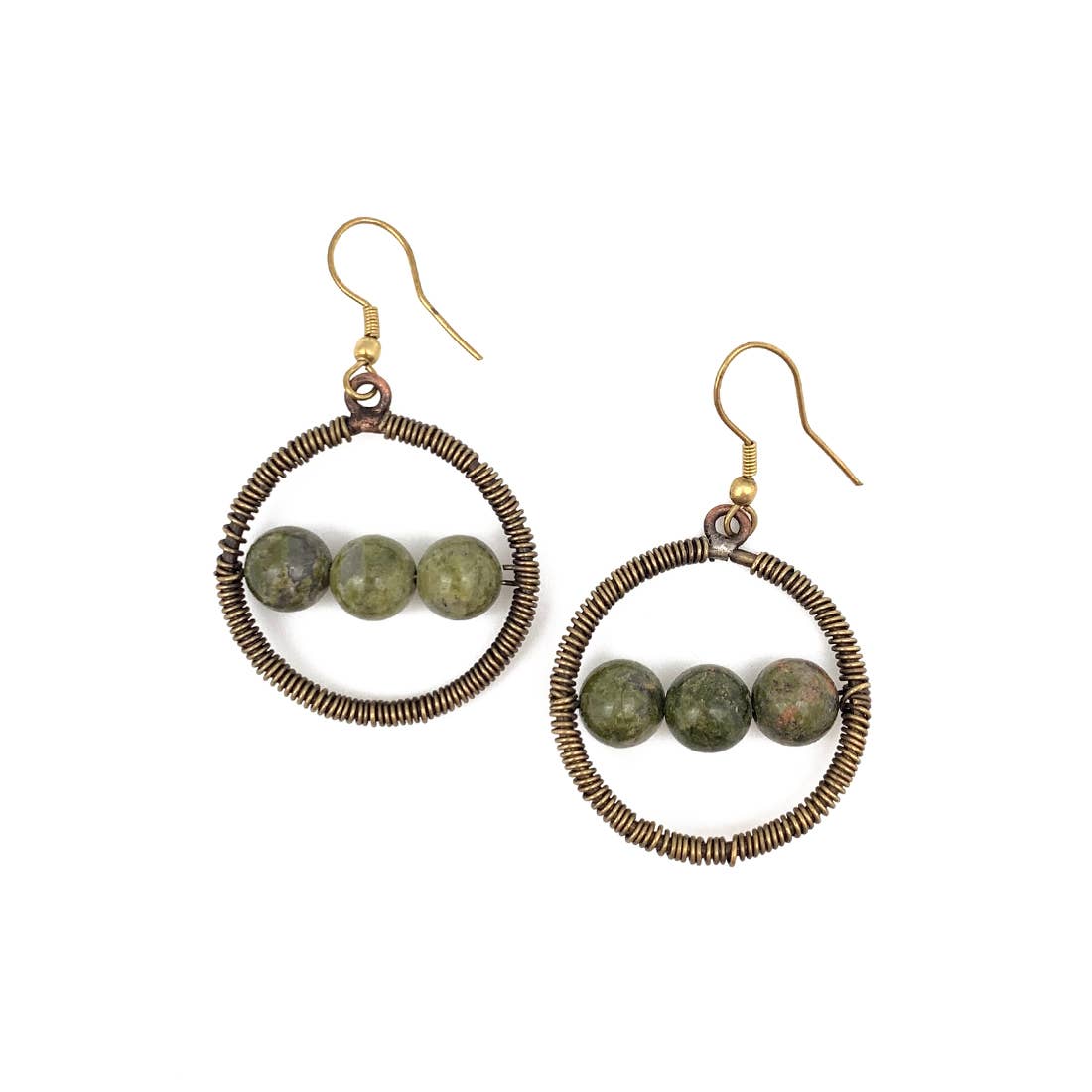 Wire-Wrapped Stone Earrings - Antique Brass, Unakite