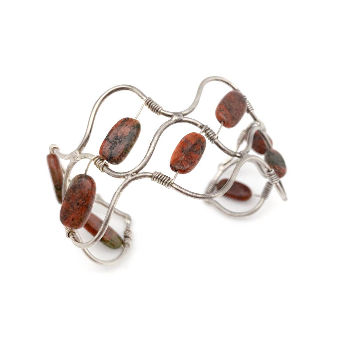 Wire-Wrapped Stone Cuff - Antique Silver with Unakite